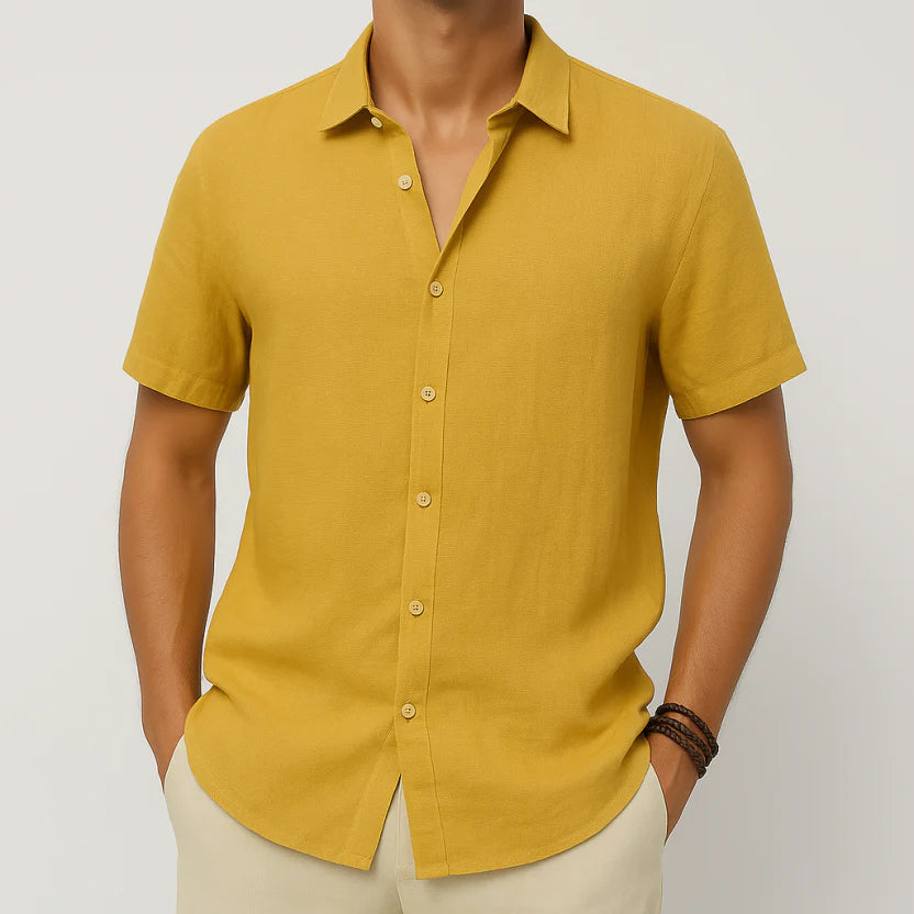 Short Sleeve Cotton Linen Shirt for Men Casual Summer Button Down