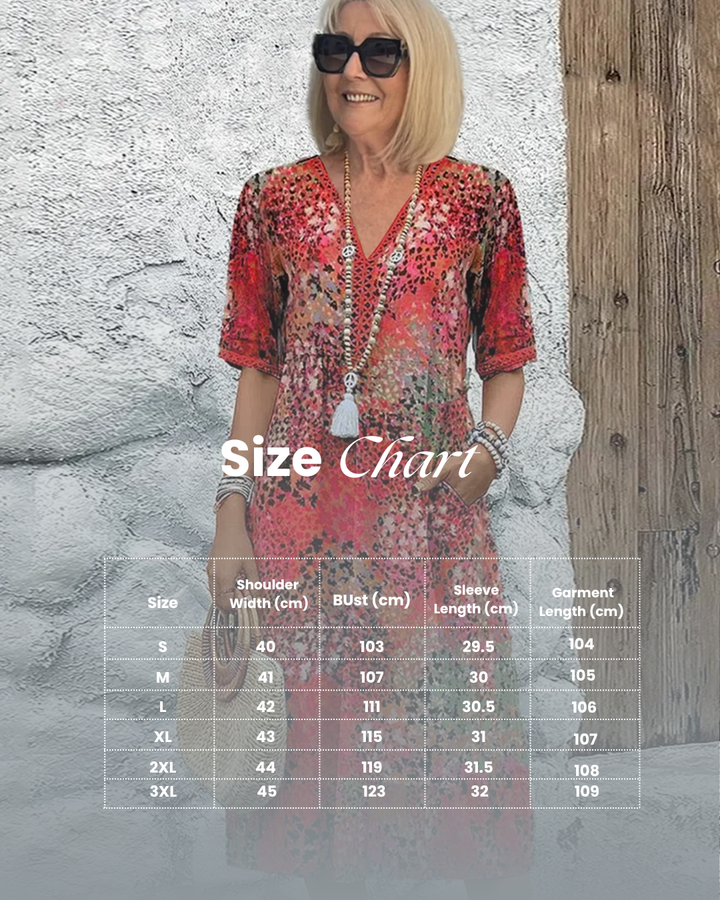 Cotton Knee-Length Dress Summer Elegant Floral Pattern V-Neck Shift Sun Dress