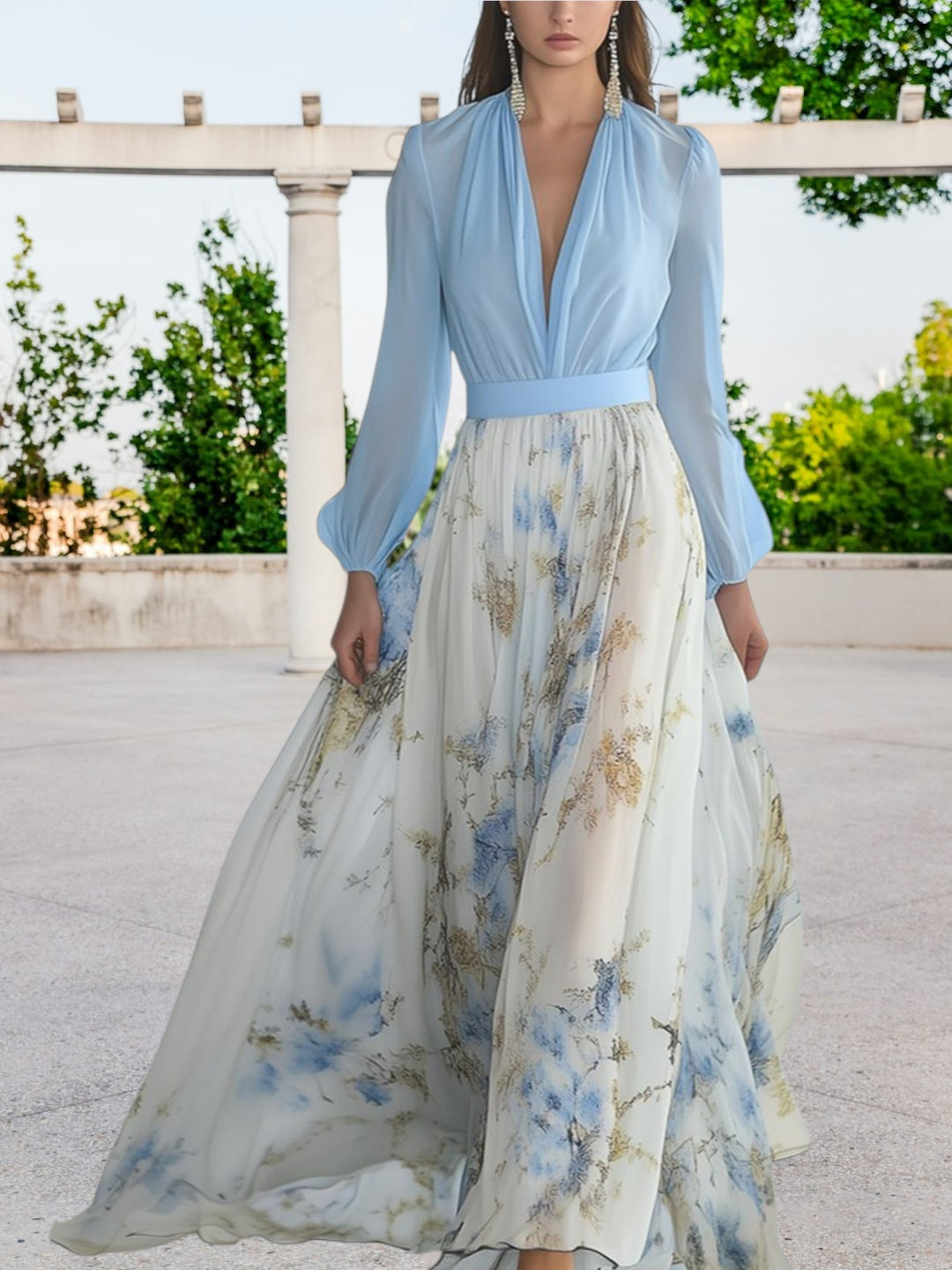 Deep V Neck Maxi Dress | Light Blue