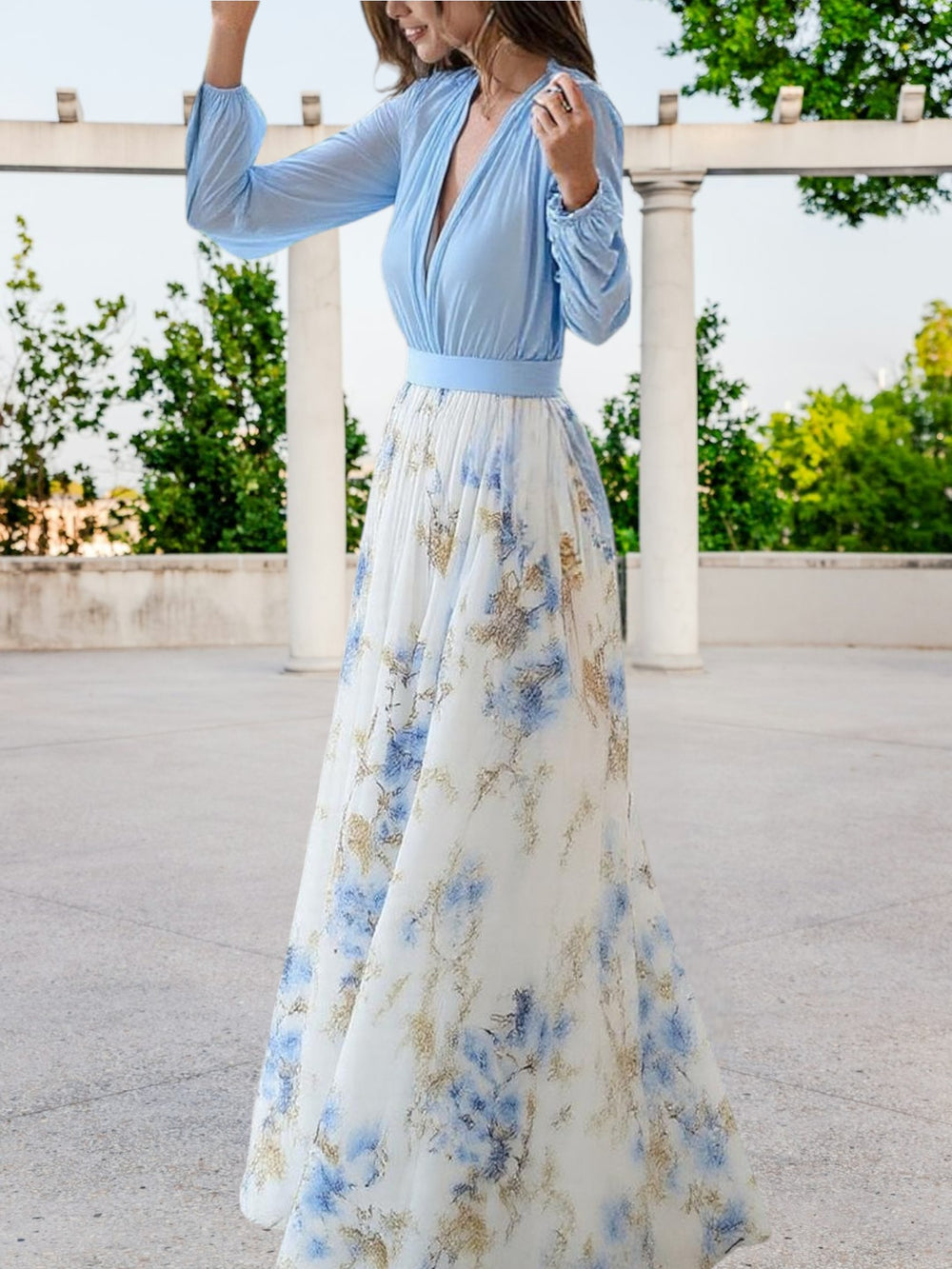 Deep V Neck Maxi Dress | Light Blue 1