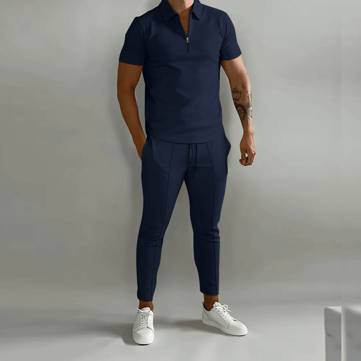 Men's Polo and Trousers Set Summer Fashion Breathable Cotton Knit Outfit Set
