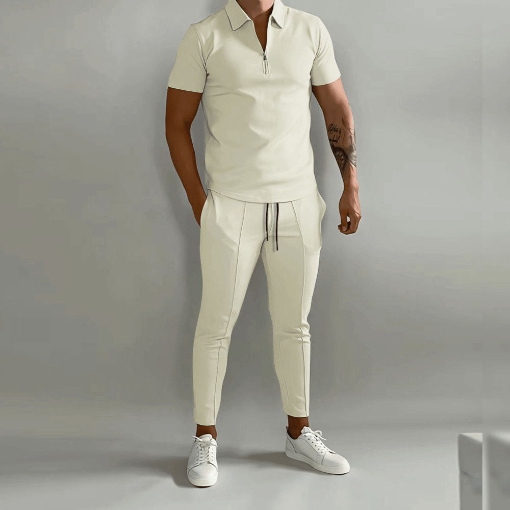 Men's Polo and Trousers Set Summer Fashion Breathable Cotton Knit Outfit Set