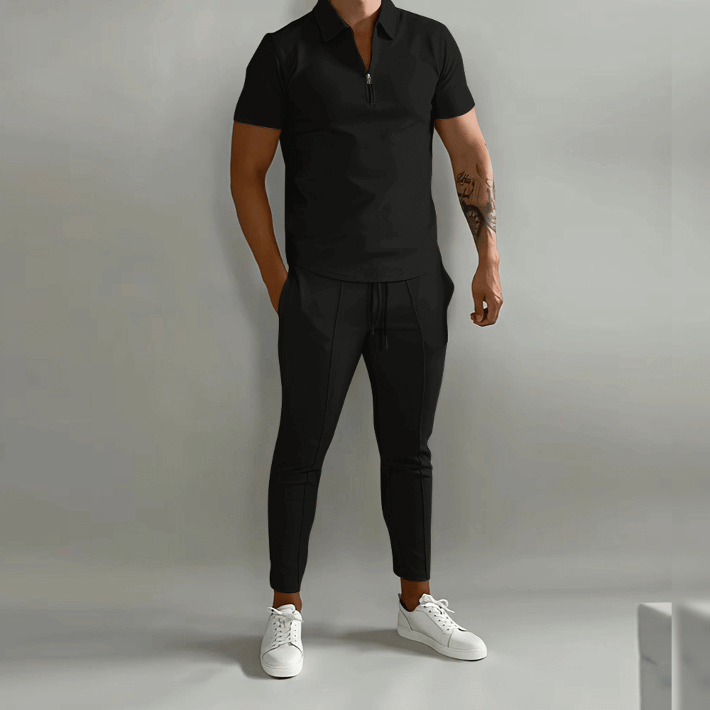 Men's Polo and Trousers Set Summer Fashion Breathable Cotton Knit Outfit Set