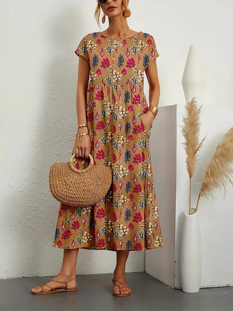 Floral Design Summer Dress  | A-line Silhouette | Brown