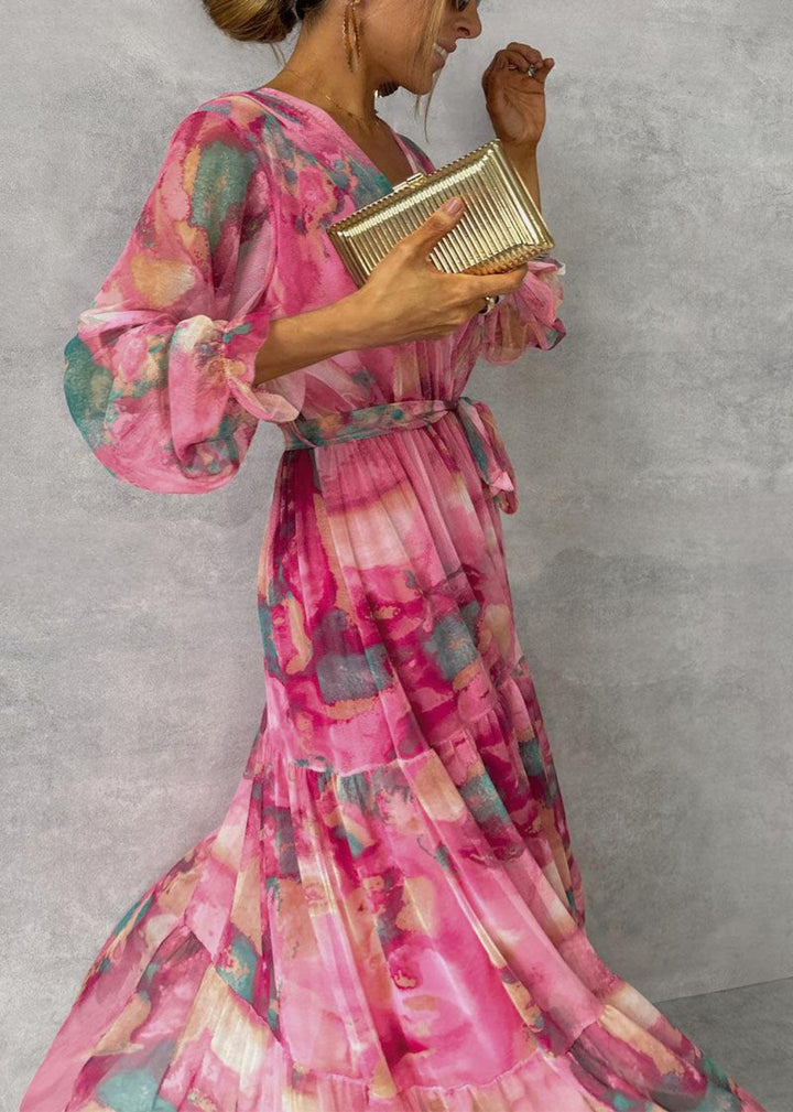 Floral Print Maxi Summer Dress | Long Sleeves | Rose Red