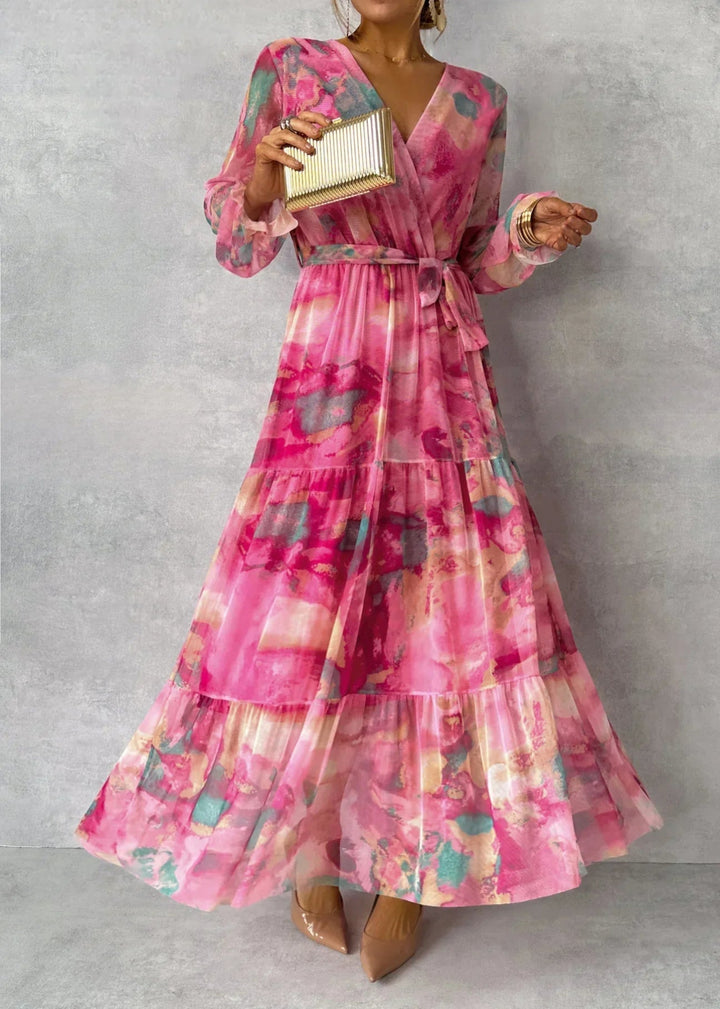 Floral Print Maxi Summer Dress | Long Sleeves | Rose Red1