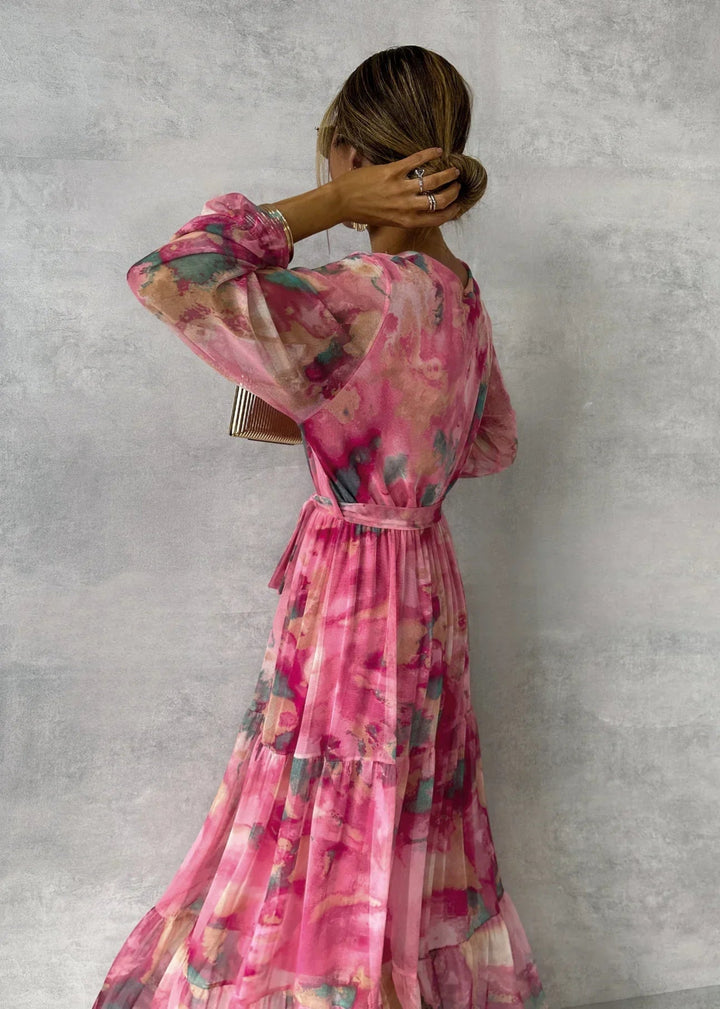 Floral Print Maxi Summer Dress | Long Sleeves | Rose Red2