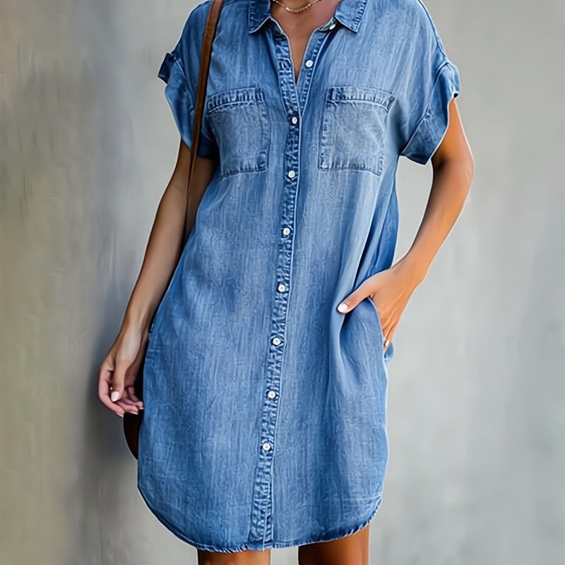 Women's Denim Shirt Dress Casual Tunic Lightweight Knit Mini Dress