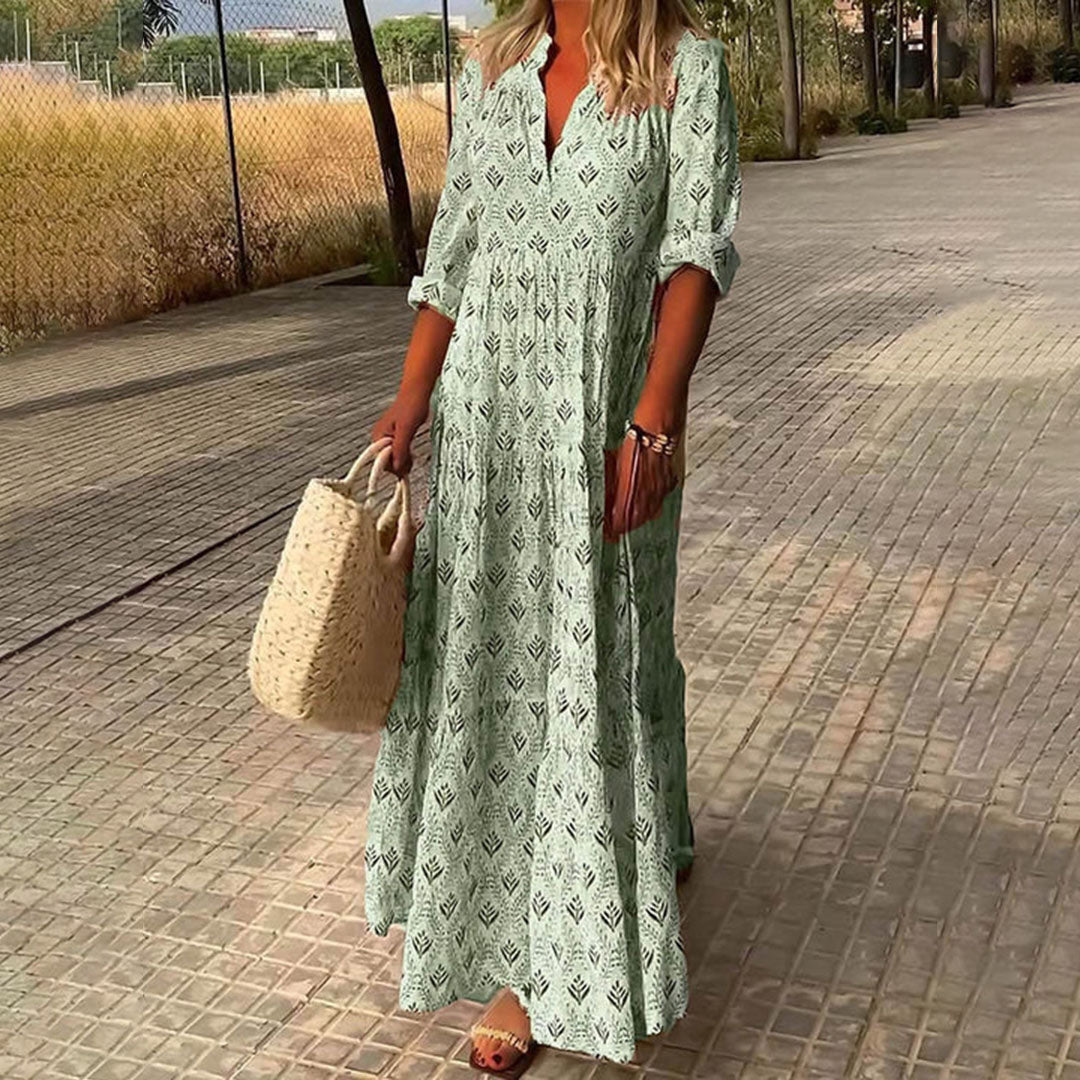 Women Summer Cotton Maxi Dress Bohemian V-Neck Flowing Sun Dress