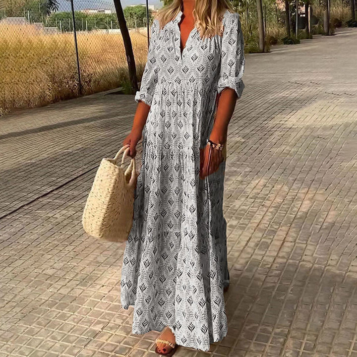 Women Summer Cotton Maxi Dress Bohemian V-Neck Flowing Sun Dress