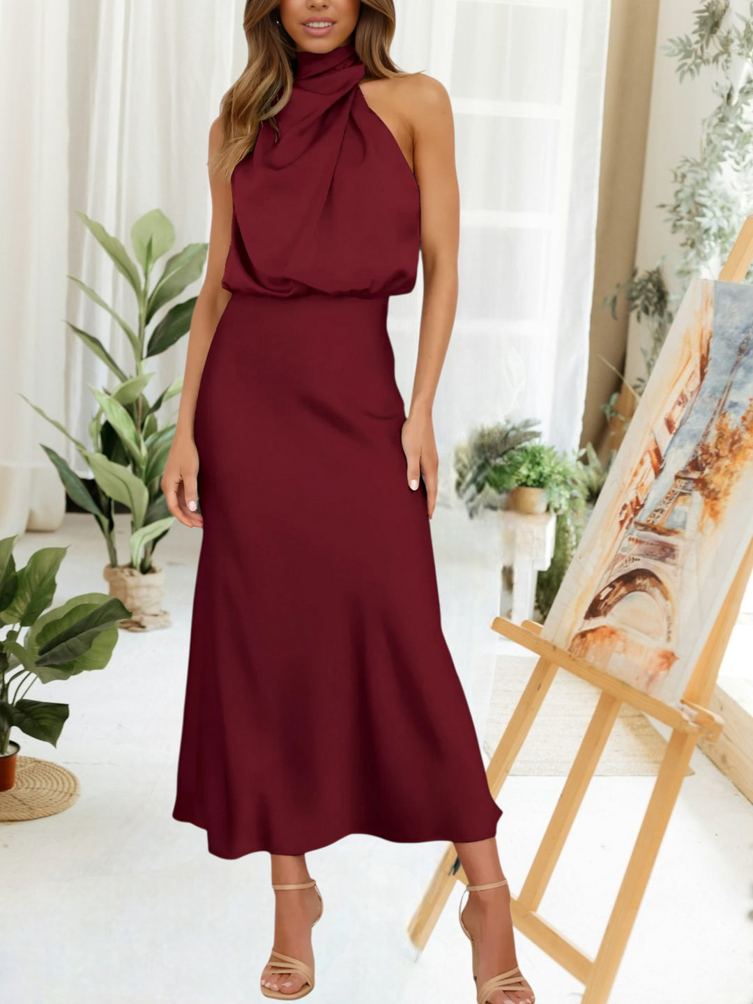 High Neck Maxi Dress | Sleeveless | Maroon
