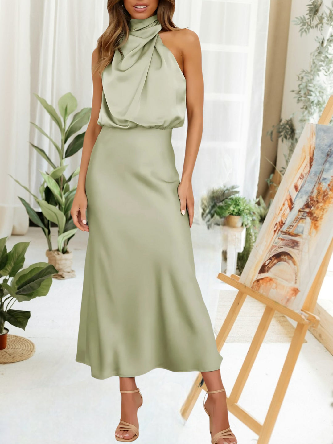 High Neck Maxi Dress | Sleeveless | Olive