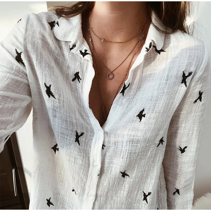 Cotton Blend Bird Print Long Sleeve Shirt For Women Lightweight & Breathable