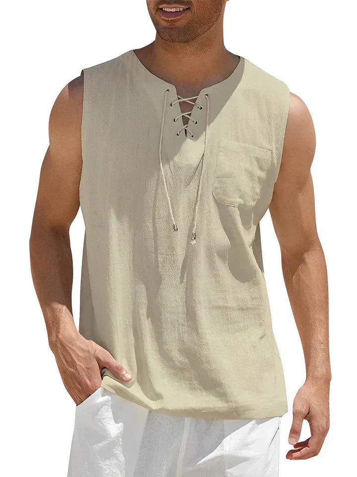 Men's Lace-up Knit Sleeveless Henley Shirt Loose Fit Casual Top