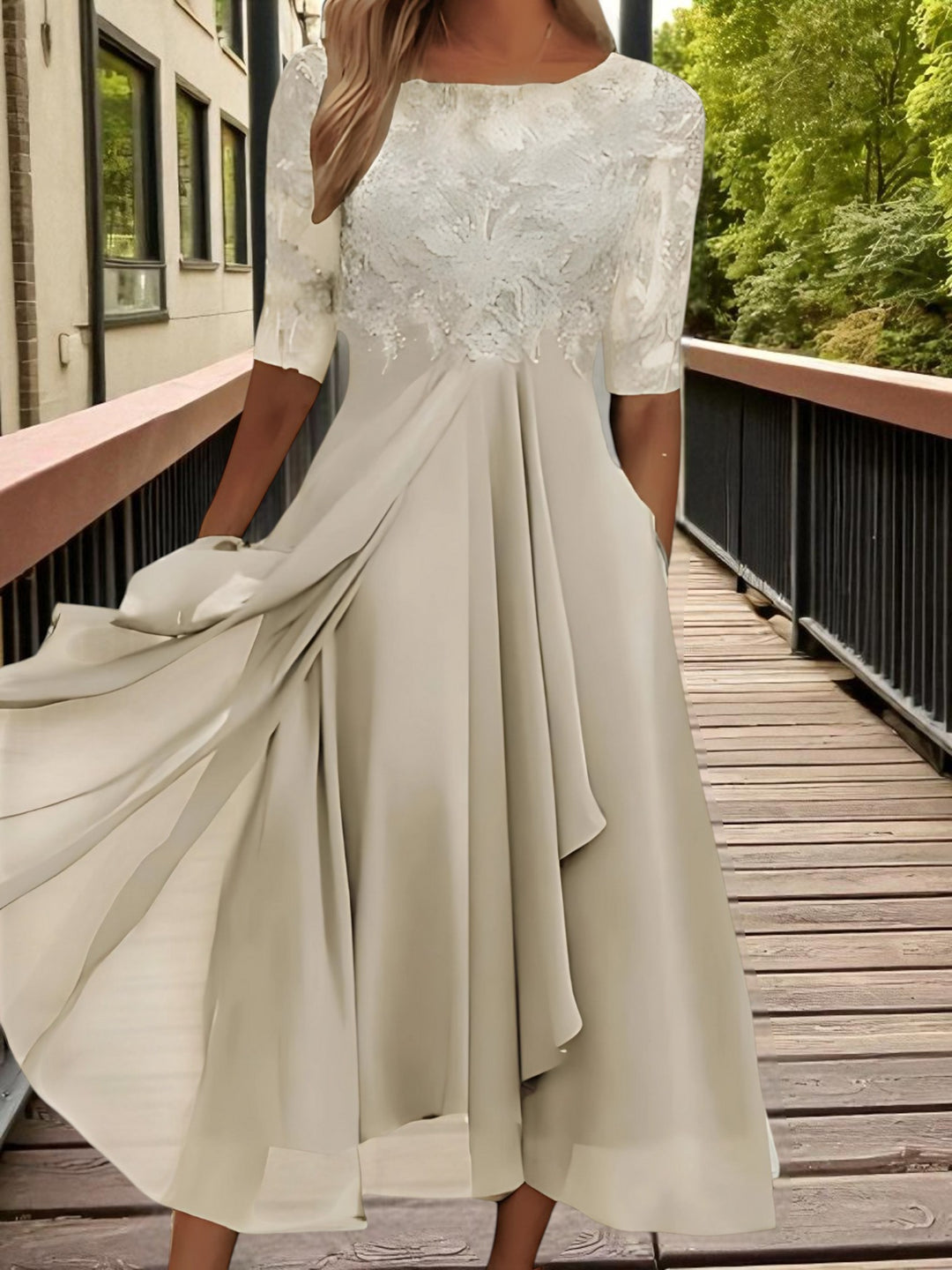 Lace Chiffon Midi Dress | Half Sleeves | Beige