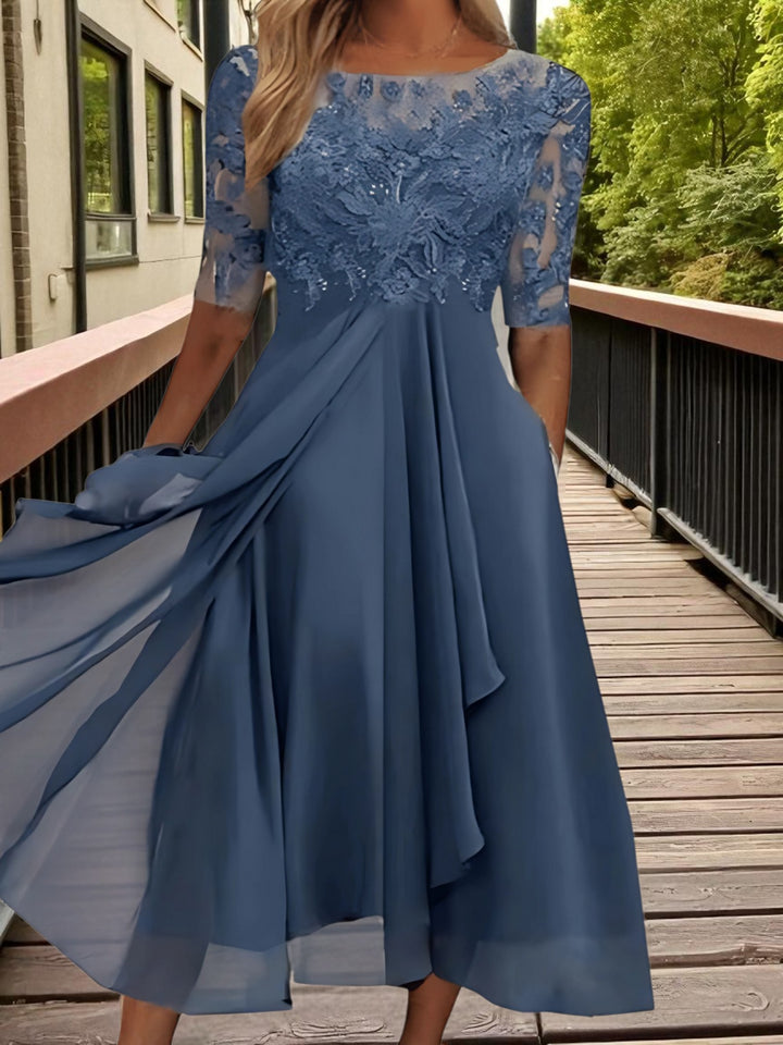 Lace Chiffon Midi Dress | Half Sleeves | Blue-gray