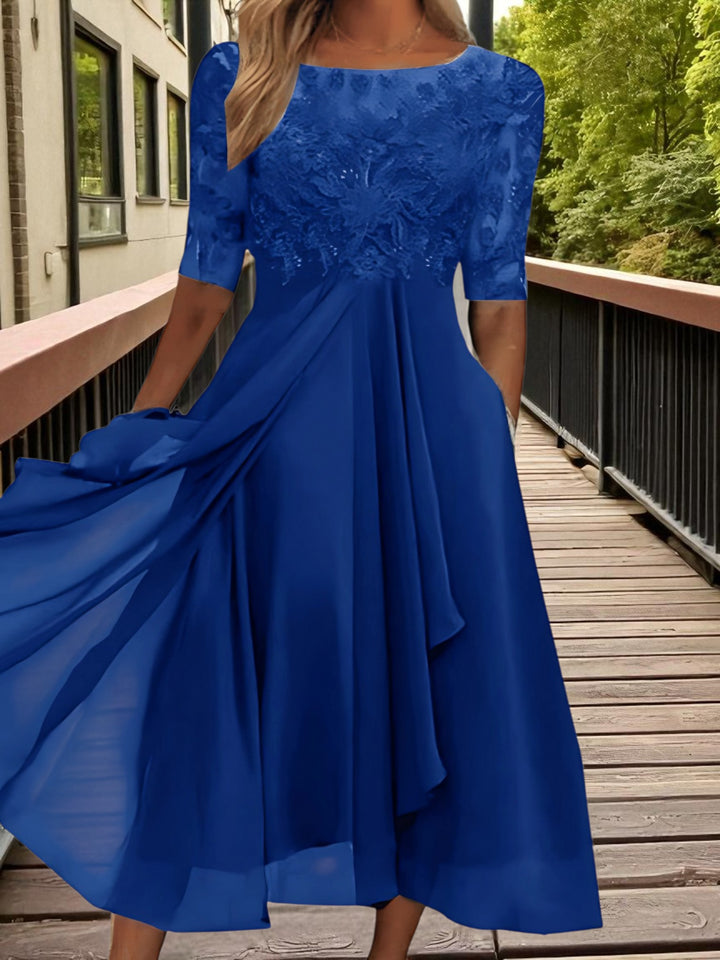 Lace Chiffon Midi Dress | Half Sleeves | Blue