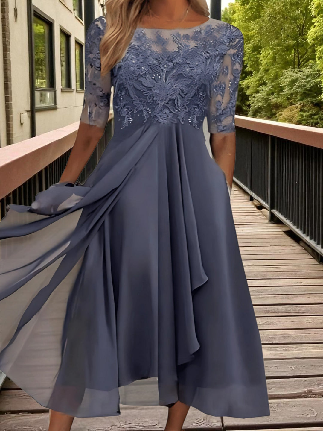 Lace Chiffon Midi Dress | Half Sleeves | Gray