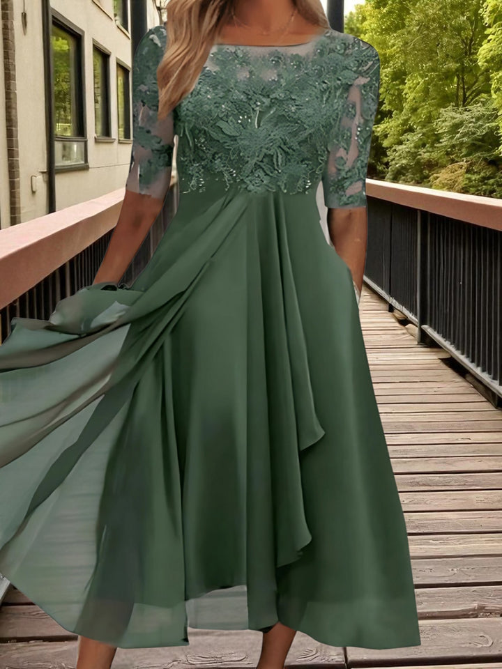 Lace Chiffon Midi Dress | Half Sleeves | Green