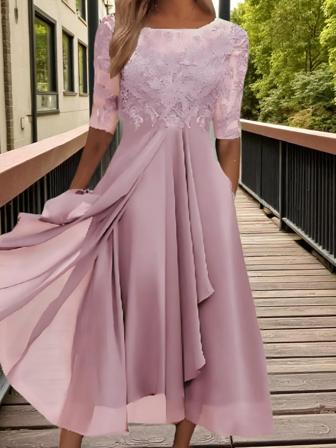 Lace Chiffon Midi Dress | Half Sleeves | Pink