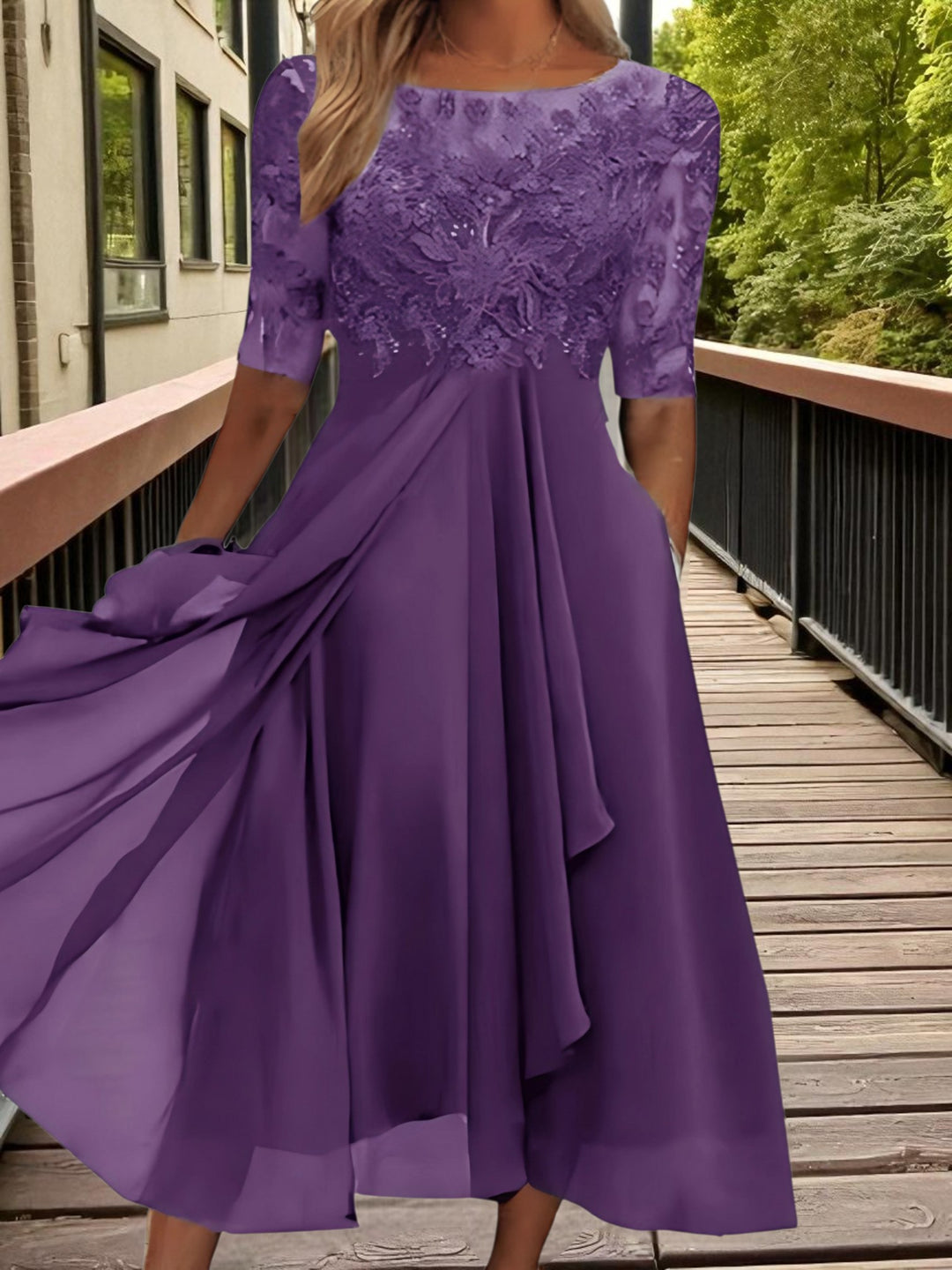 Lace Chiffon Midi Dress | Half Sleeves | Purple