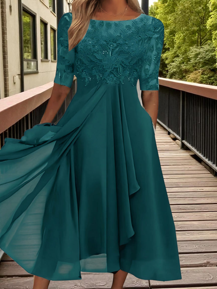 Lace Chiffon Midi Dress | Half Sleeves | Turquoise