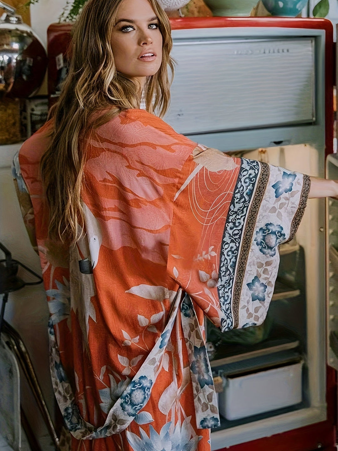 Lightweight Floral Print Kimono | Summer Dress | Orange1