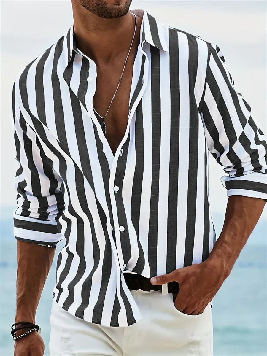 Linen Shirt For Men | Striped Design | Black