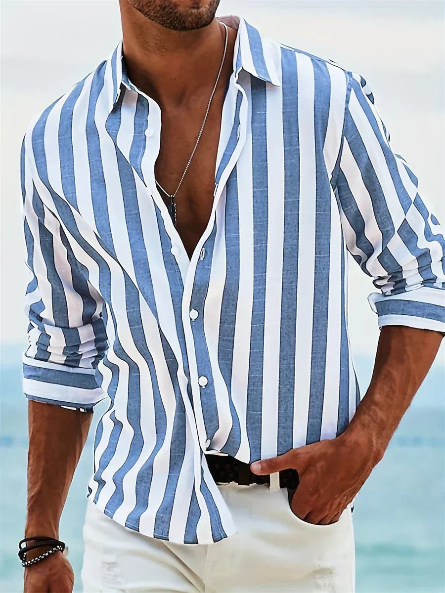 Linen Shirt For Men | Striped Design | Blue