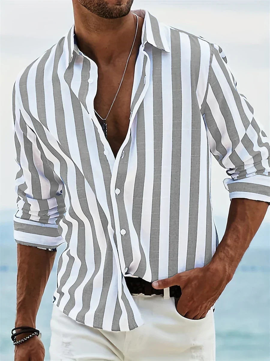 Linen Shirt For Men | Striped Design | Light Gray