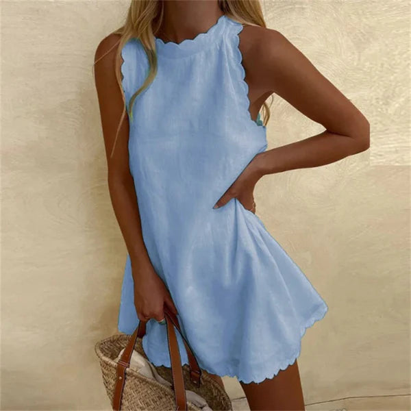 Linen Summer Dress | O-Neck, Knee-Length | Blue