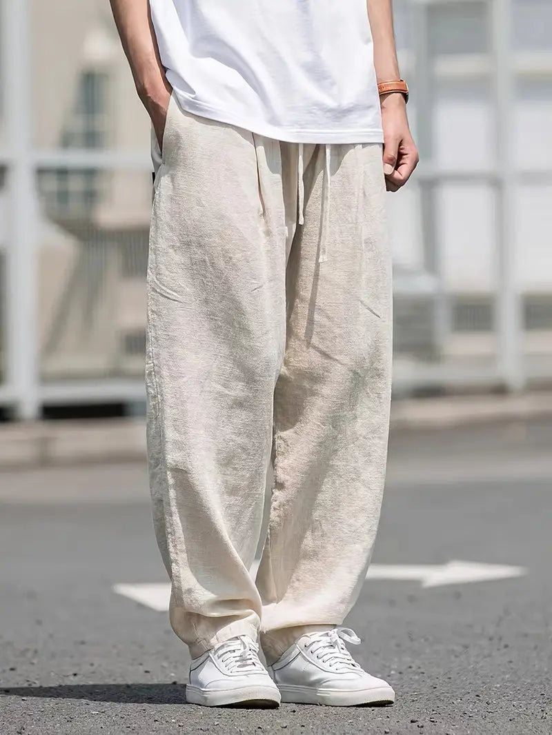Men's Cotton Linen Trousers Relaxed Fit Wide Leg Casual Pants for Summer