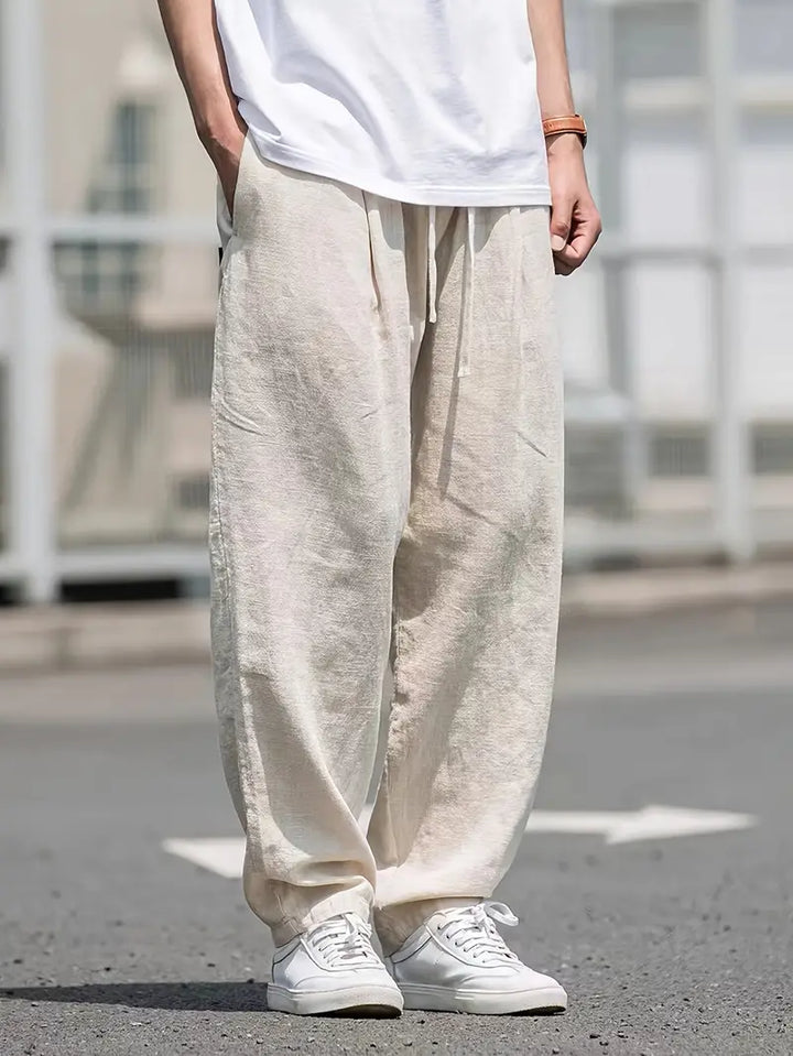 Men's Cotton Linen Trousers Relaxed Fit Wide Leg Casual Pants for Summer