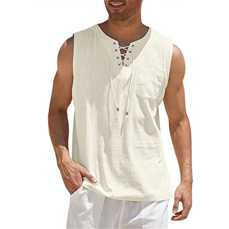Men's Lace-up Knit Sleeveless Henley Shirt Loose Fit Casual Top