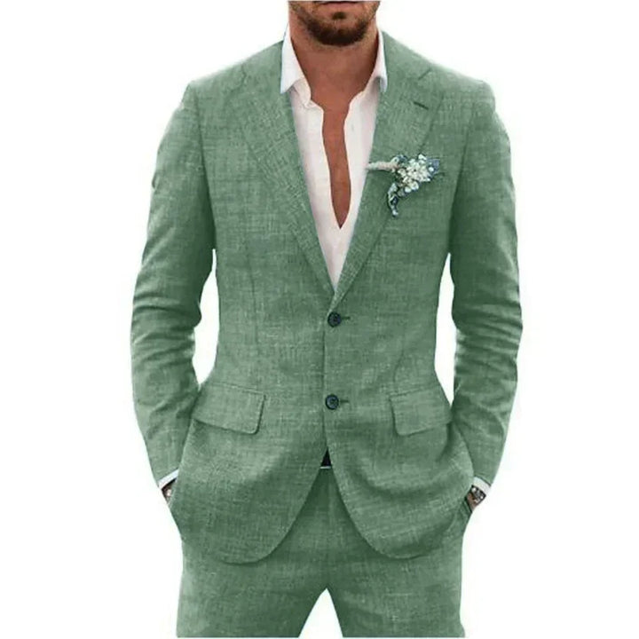 Men's Linen Blend 2-Piece Suit Set Slim Fit Formal Jacket and Trousers Tailored