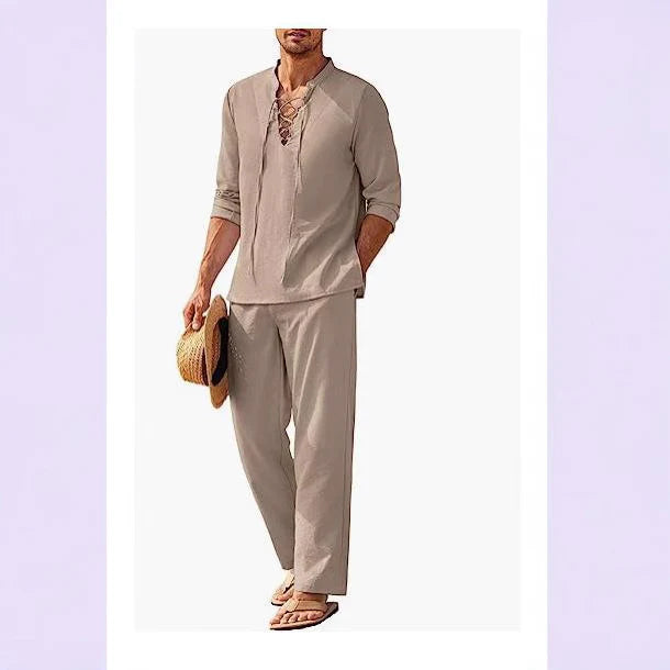 Men’s Linen Blend Trousers and Tunic Boho Two-Piece Set
