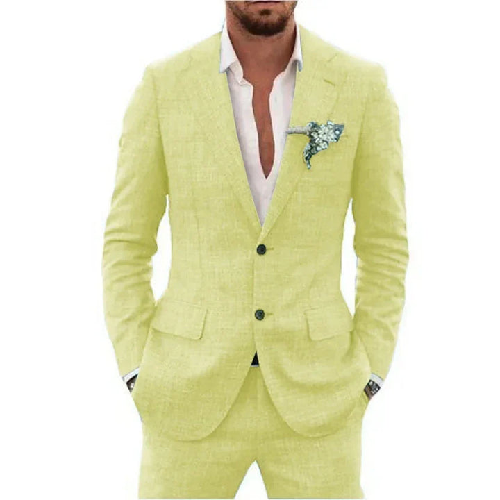 Men's Linen Blend 2-Piece Suit Set Slim Fit Formal Jacket and Trousers Tailored