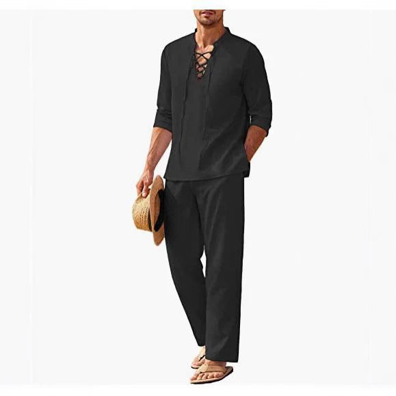 Men’s Linen Blend Trousers and Tunic Boho Two-Piece Set