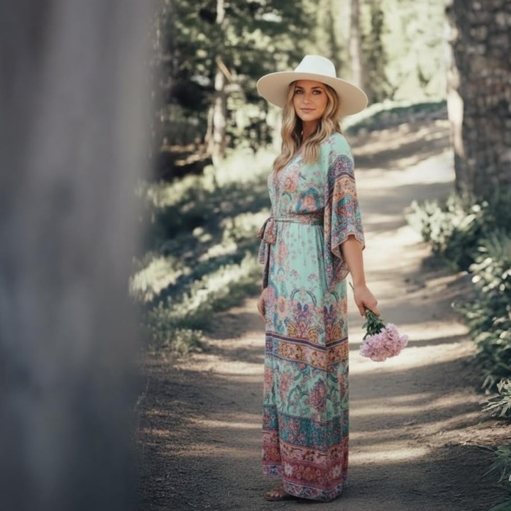 Women's Boho Maxi Dress Floral Cotton Summer Long Sleeve Kaftan Party Wear