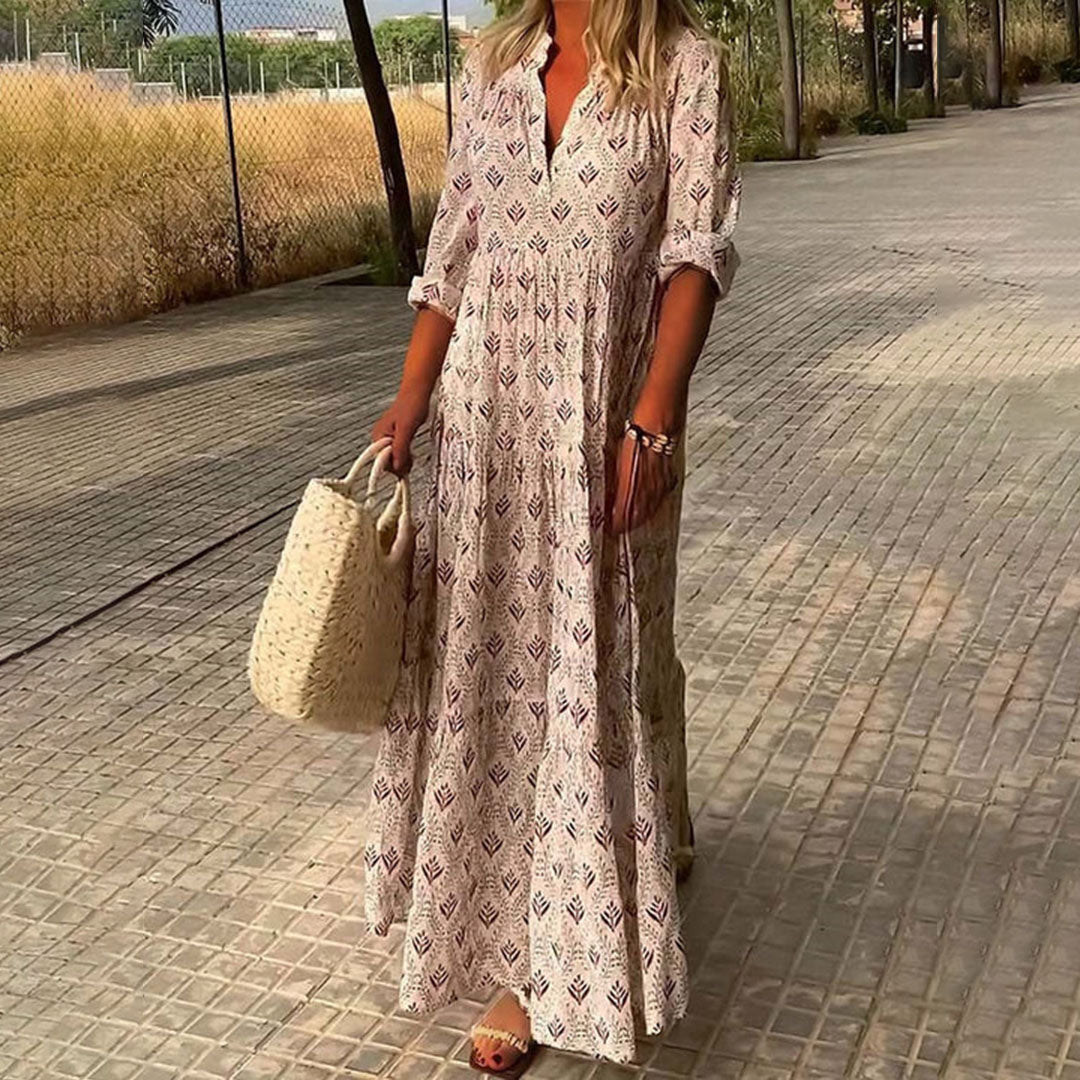 Women Summer Cotton Maxi Dress Bohemian V-Neck Flowing Sun Dress