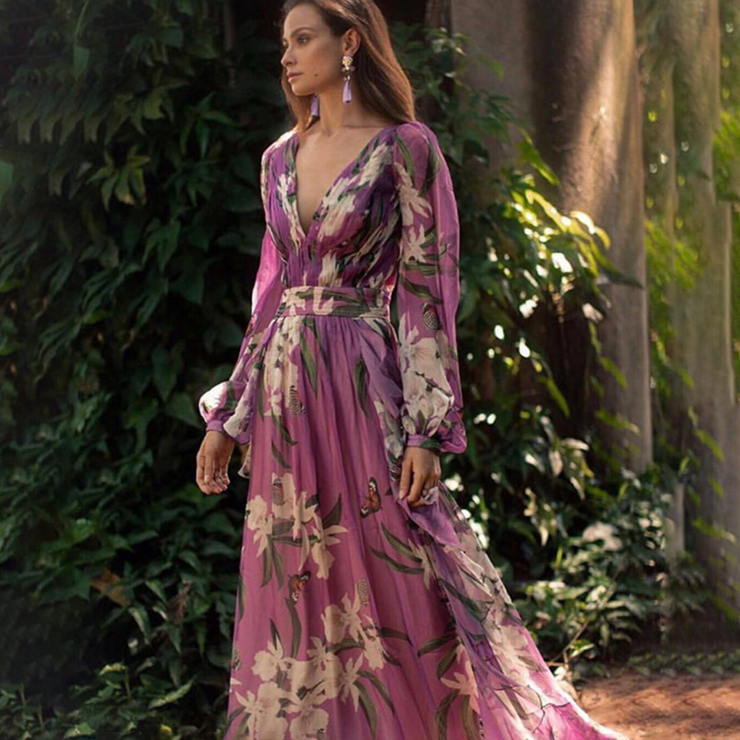 Women's Floral Silk Maxi Dress Summer Long Sleeve Flowy Boho V Neck Cocktail Gown
