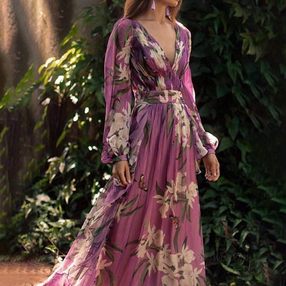 Women's Floral Silk Maxi Dress Summer Long Sleeve Flowy Boho V Neck Cocktail Gown