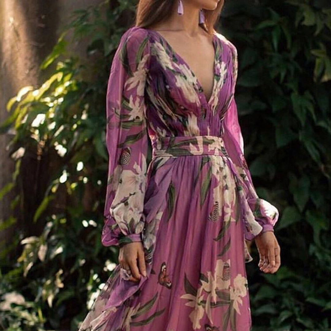 Women's Floral Silk Maxi Dress Summer Long Sleeve Flowy Boho V Neck Cocktail Gown