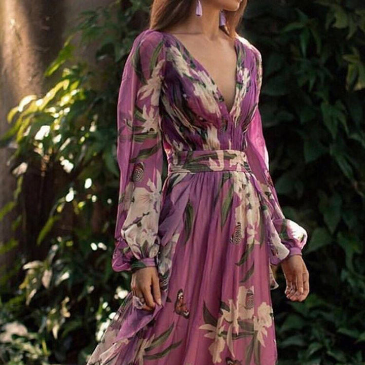 Women's Floral Silk Maxi Dress Summer Long Sleeve Flowy Boho V Neck Cocktail Gown