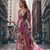Women's Floral Silk Maxi Dress Summer Long Sleeve Flowy Boho V Neck Cocktail Gown
