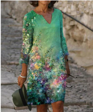 Women's Printed Linen Blend V-Neck Midi Shift Dress