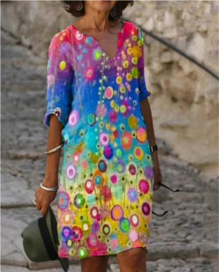 Women's Printed Linen Blend V-Neck Midi Shift Dress