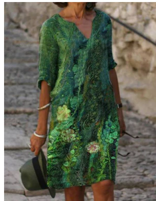 Women's Printed Linen Blend V-Neck Midi Shift Dress