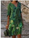 Women's Printed Linen Blend V-Neck Midi Shift Dress