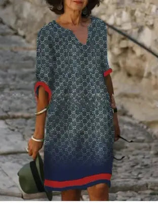 Women's Printed Linen Blend V-Neck Midi Shift Dress